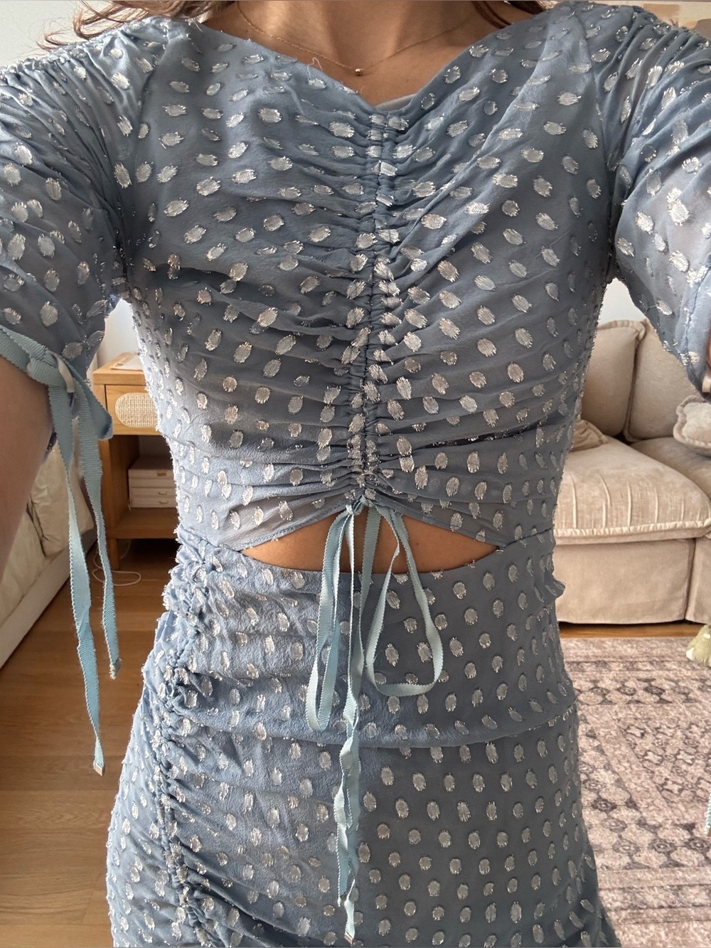 Blue Asymmetrical Ruched Dress - Picture 2 of 5
